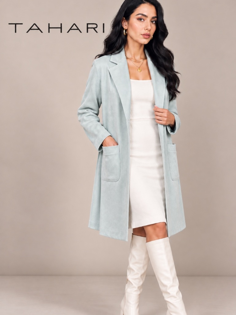 Tahari Faux-Leather open-front long duster coat in a soft mint green shade